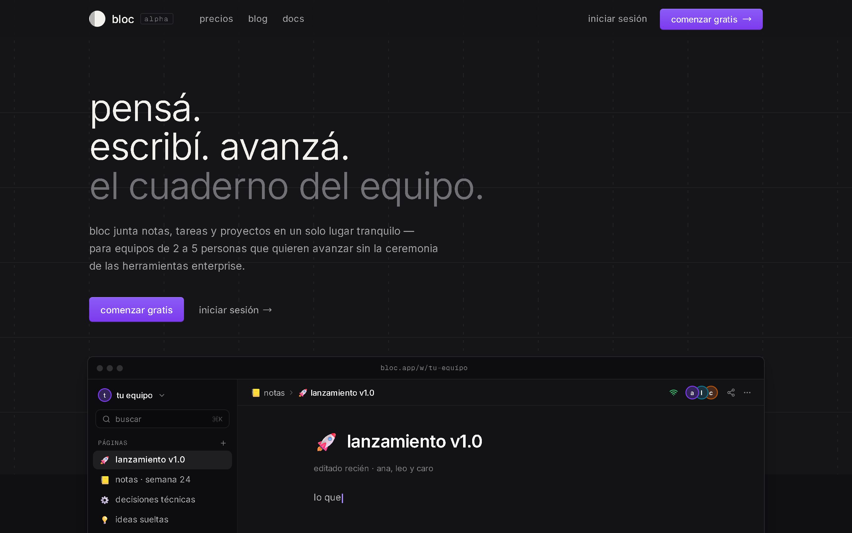 Captura del sitio de Bloc